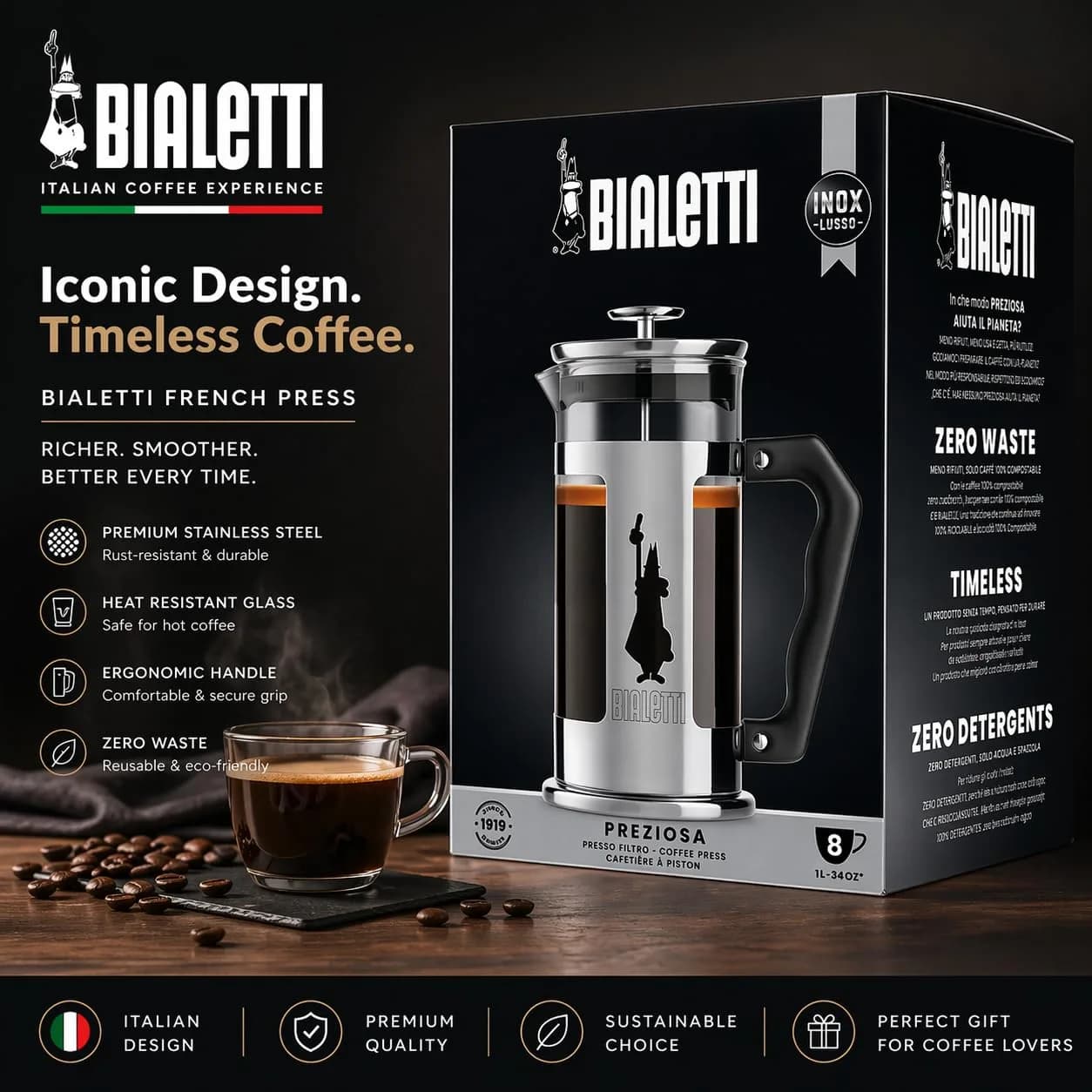 Bialetti Preziosa French Press Coffee Maker 1L (34oz) | Stainless Steel & Borosilicate Glass - view 8