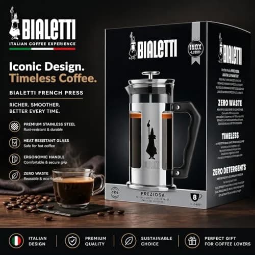 Bialetti Preziosa French Press Coffee Maker 1L (34oz) | Stainless Steel & Borosilicate Glass thumbnail 8
