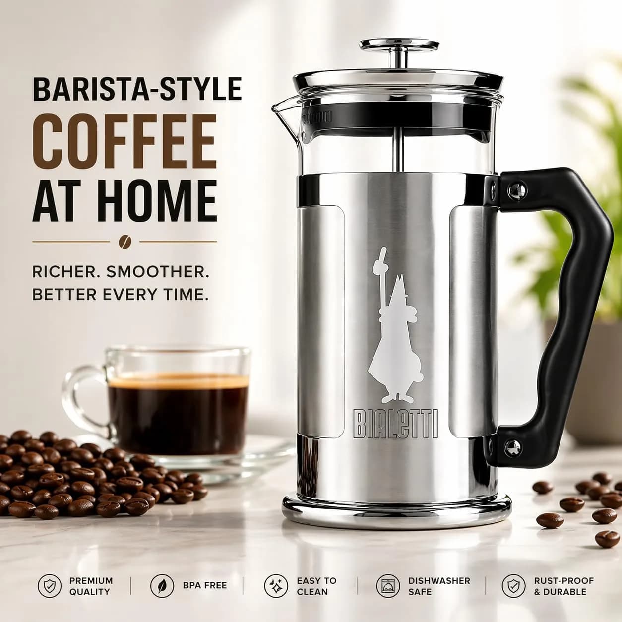 Bialetti Preziosa French Press Coffee Maker 1L (34oz) | Stainless Steel & Borosilicate Glass - view 2