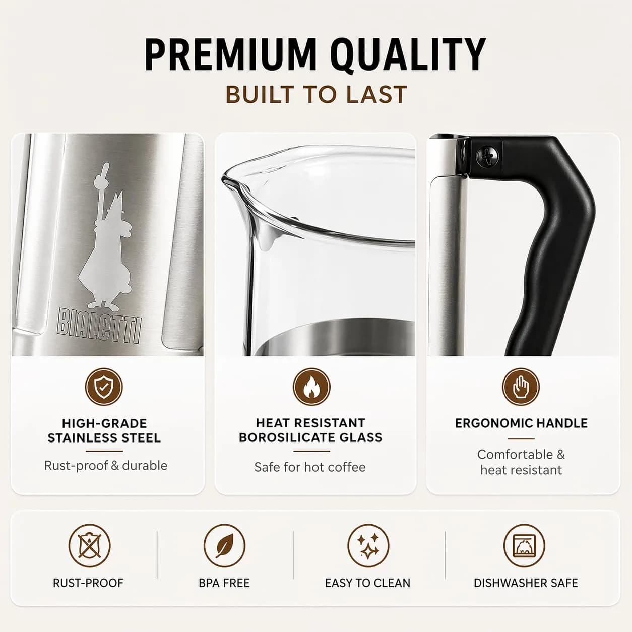 Bialetti Preziosa French Press Coffee Maker 1L (34oz) | Stainless Steel & Borosilicate Glass - view 3