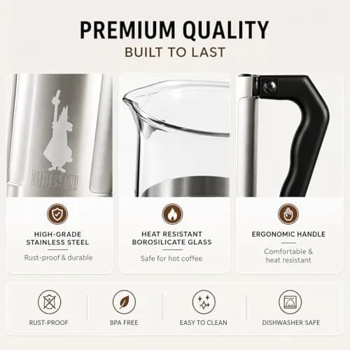 Bialetti Preziosa French Press Coffee Maker 1L (34oz) | Stainless Steel & Borosilicate Glass thumbnail 3