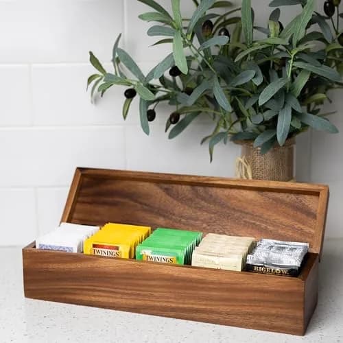 Ironwood Gourmet Large 5 Compartment Tea Box, Acacia Wood Tea Bag Organizer With Lid thumbnail 2