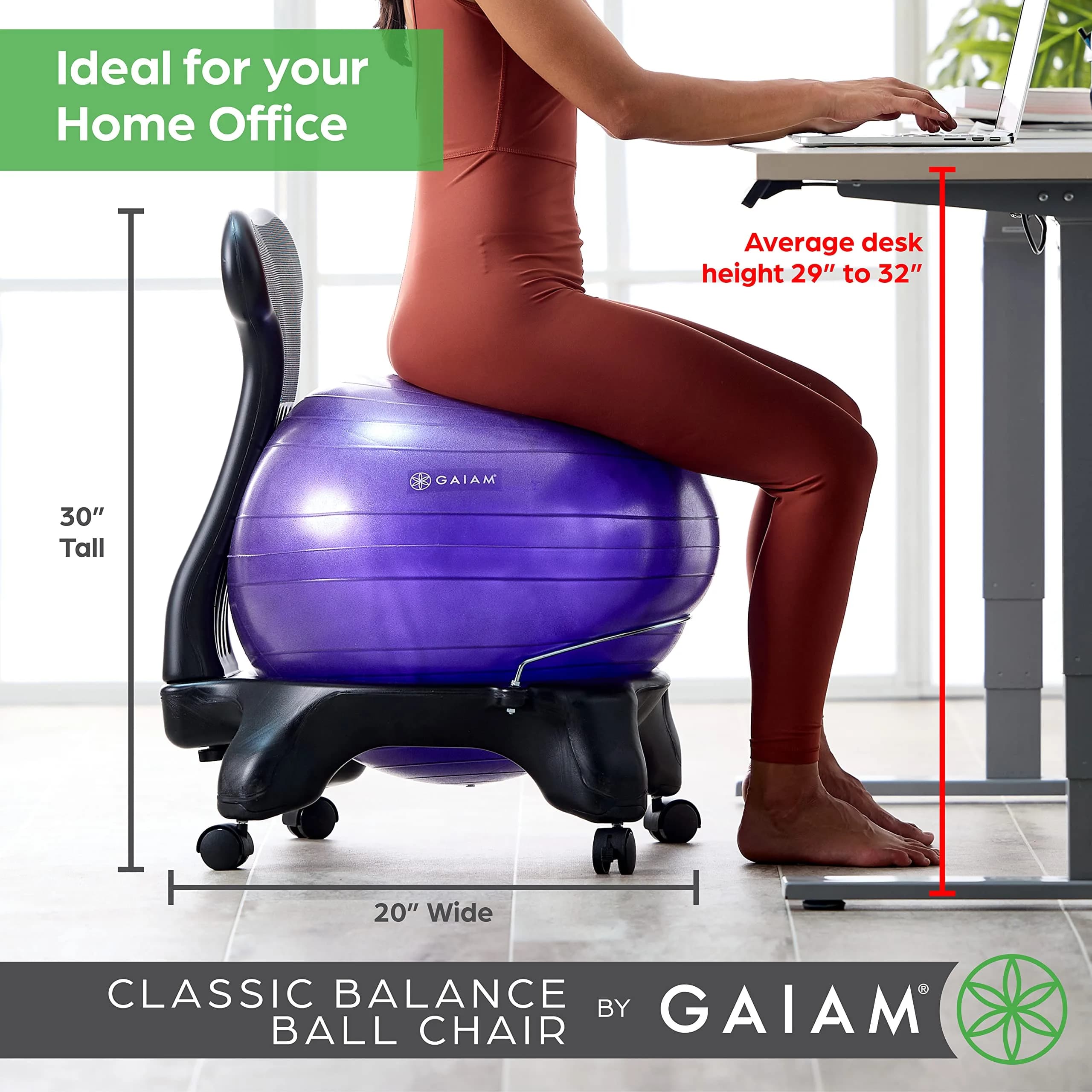 Gaiam Classic Balance Ball Chair with Base, Air Pump & Exercise Guide, Purple 52cm | Improves Posture & Core Strength - view 3