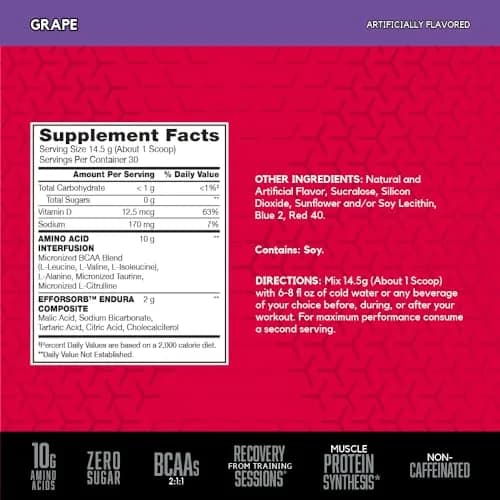 BSN Amino X Recovery Powder with BCAAs 30 Servings | Zero Sugar, Grape Flavor, 15.34 Oz thumbnail 2
