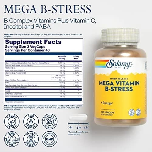 SOLARAY Mega Vitamin B-Stress Time Release, 120 VegCaps | Supports Energy & Immunity thumbnail 2