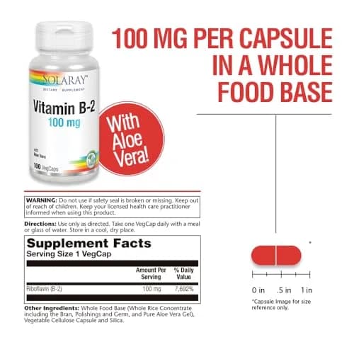 SOLARAY Vitamin B2 Supplement 100 mg | Supports Energy & Nervous System | 100 Veg Capsules thumbnail 3