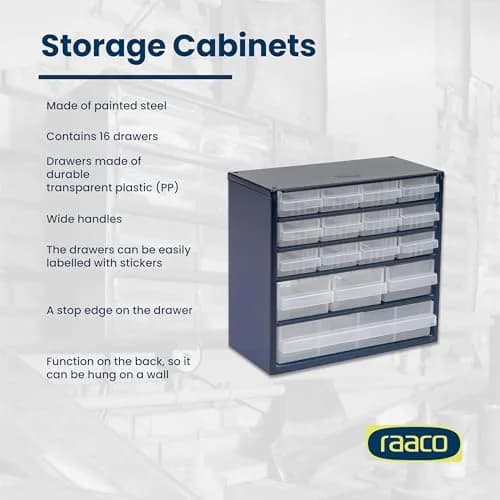Raaco Steel Storage Cabinet, Compact 16-Drawer | Space-Saving Tool Organizer for Workshop & Garage thumbnail 5