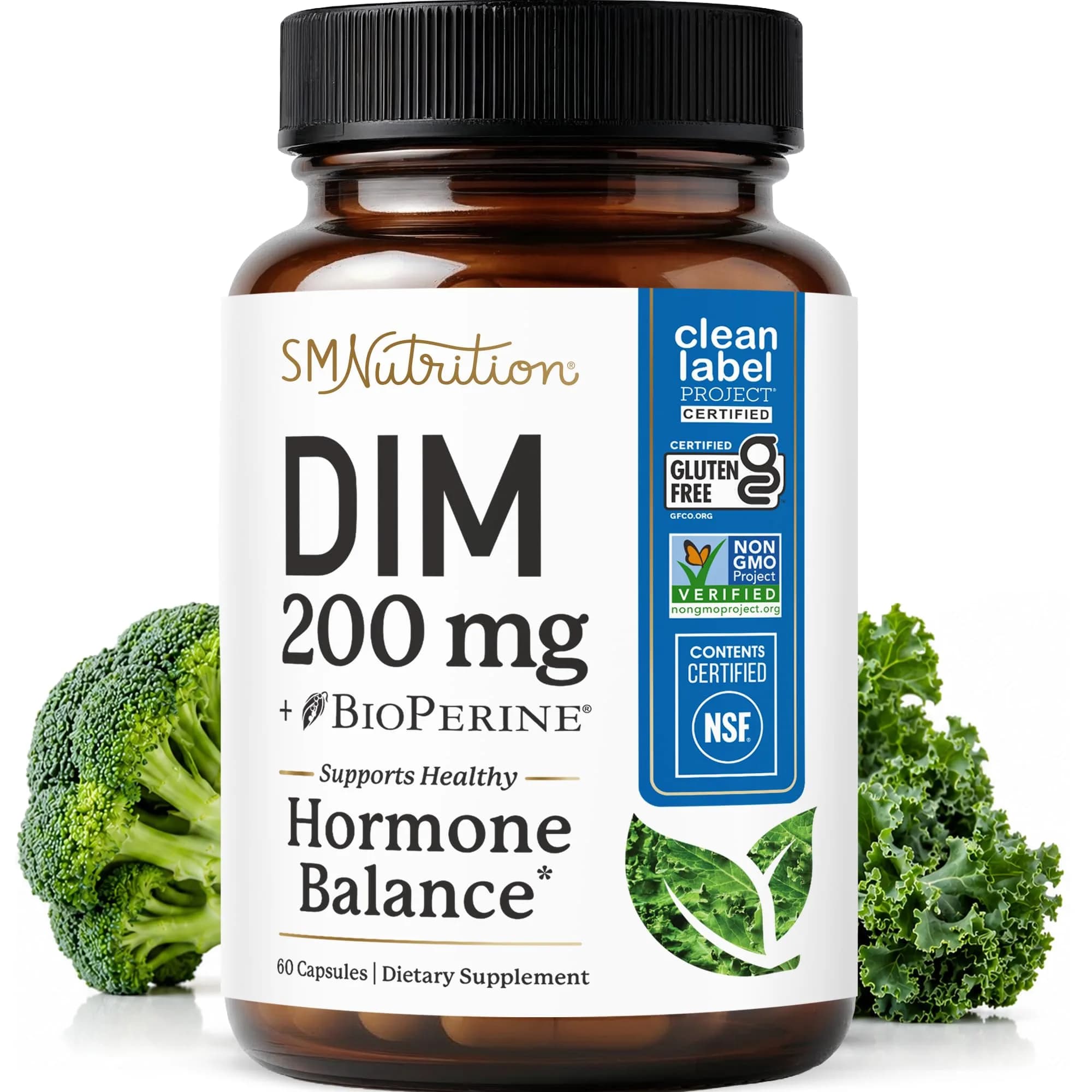 SMNutrition DIM Supplement 200 mg | Estrogen & Hormonal Balance for Women & Men | Doctor-Formulated, Vegan, Gluten-Free, 60 Ct
