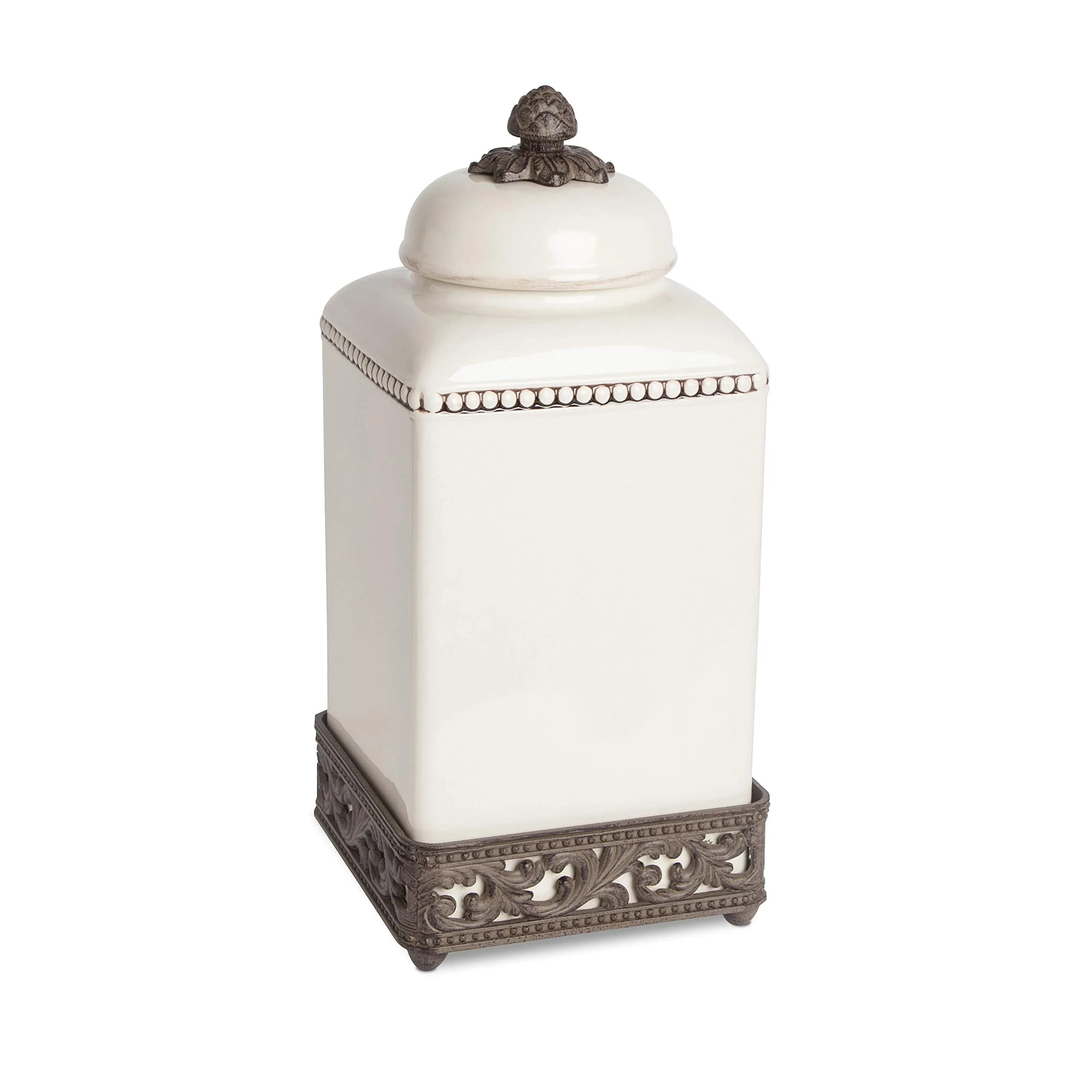GG Collection 15-Inch Tall Cream Ceramic Canister with Acanthus Leaf Metal Base | Kitchen Storage with Old World Charm — Cream