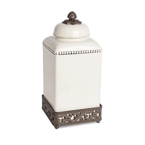 GG Collection 15-Inch Tall Cream Ceramic Canister with Acanthus Leaf Metal Base | Kitchen Storage with Old World Charm thumbnail 1