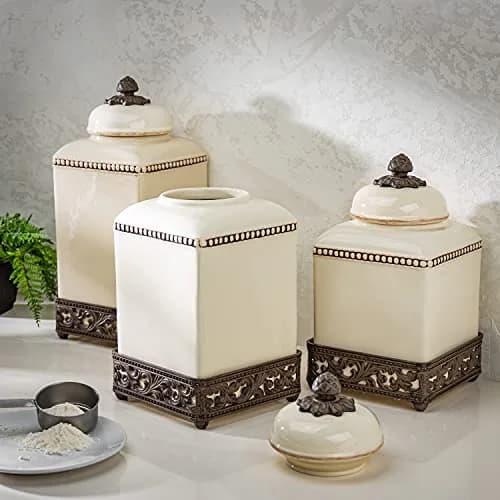 GG Collection 15-Inch Tall Cream Ceramic Canister with Acanthus Leaf Metal Base | Kitchen Storage with Old World Charm thumbnail 7