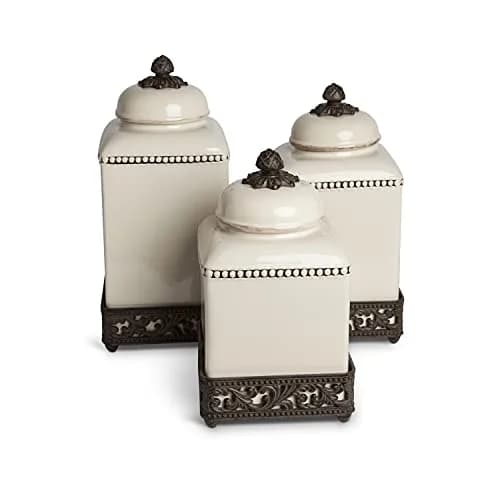 GG Collection 15-Inch Tall Cream Ceramic Canister with Acanthus Leaf Metal Base | Kitchen Storage with Old World Charm thumbnail 2