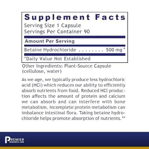 Premier Research Labs Premier HCL - Betaine HCL - 90 Vegetarian Capsules | Supports Digestion & Nutrient Absorption thumbnail 2