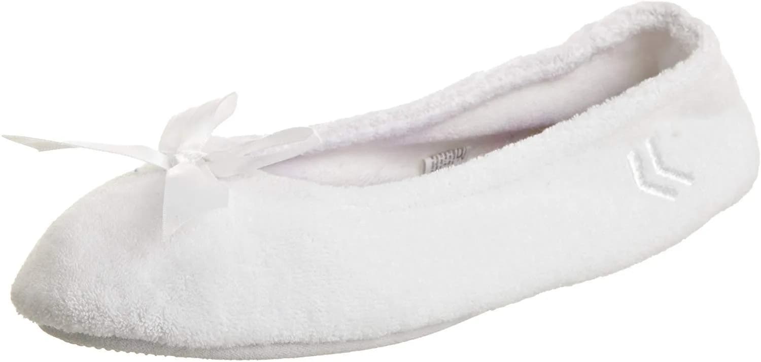 isotoner Women's Indoor/Outdoor Classic Terry Ballerina Slippers with Non-slip Sole, White Stripe, 6.5-7.5 | Plush terry cloth comfort for home & outdoor use — White Stripe / 6.5-7.5