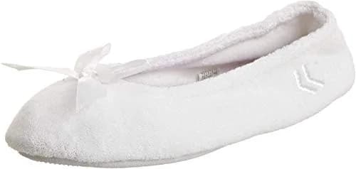 isotoner Women's Indoor/Outdoor Classic Terry Ballerina Slippers with Non-slip Sole, White Stripe, 6.5-7.5 | Plush terry cloth comfort for home & outdoor use thumbnail 1