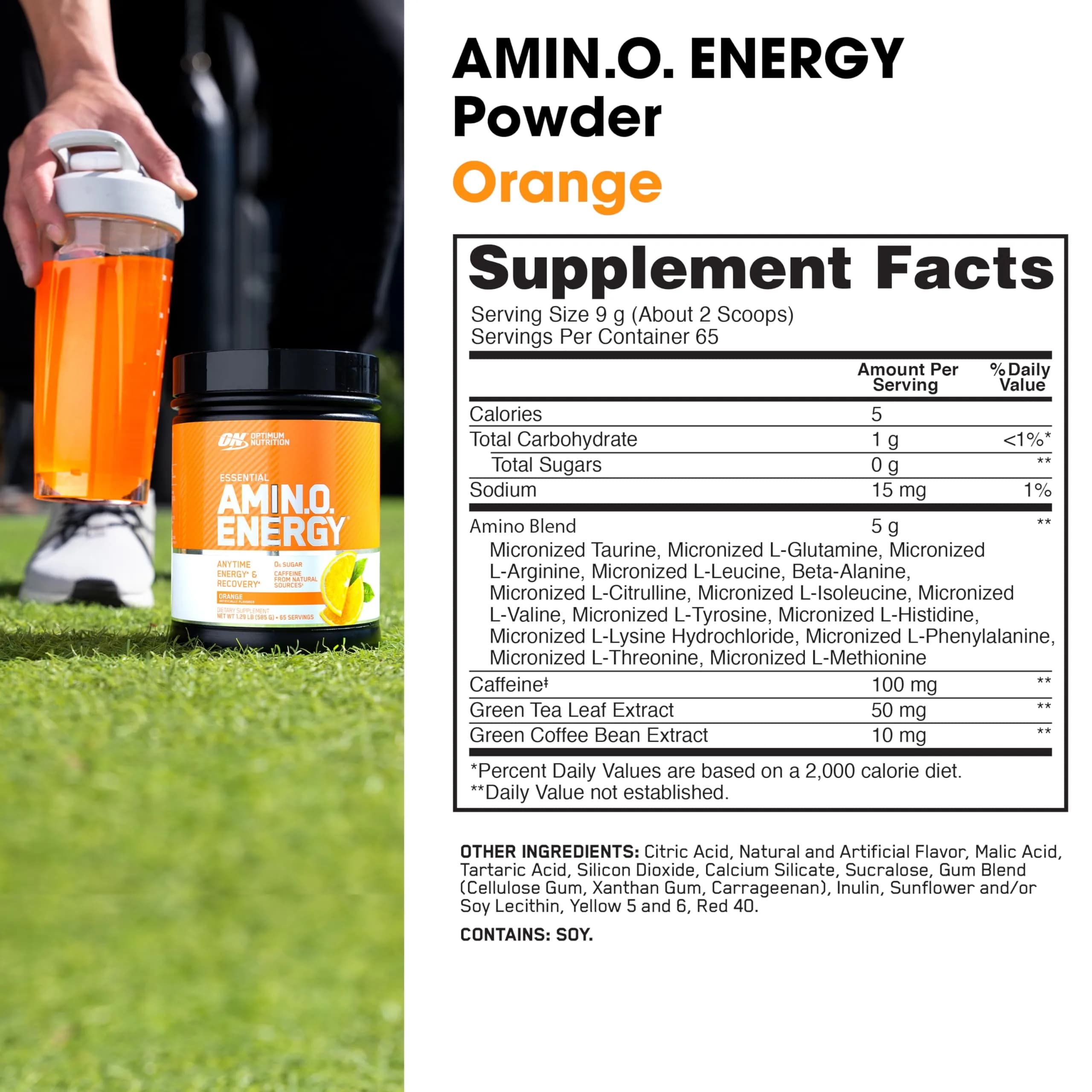 Optimum Nutrition Amino Energy Pre Workout Powder, Orange Cooler, 65 Servings | Energy & Muscle Recovery Blend - view 3