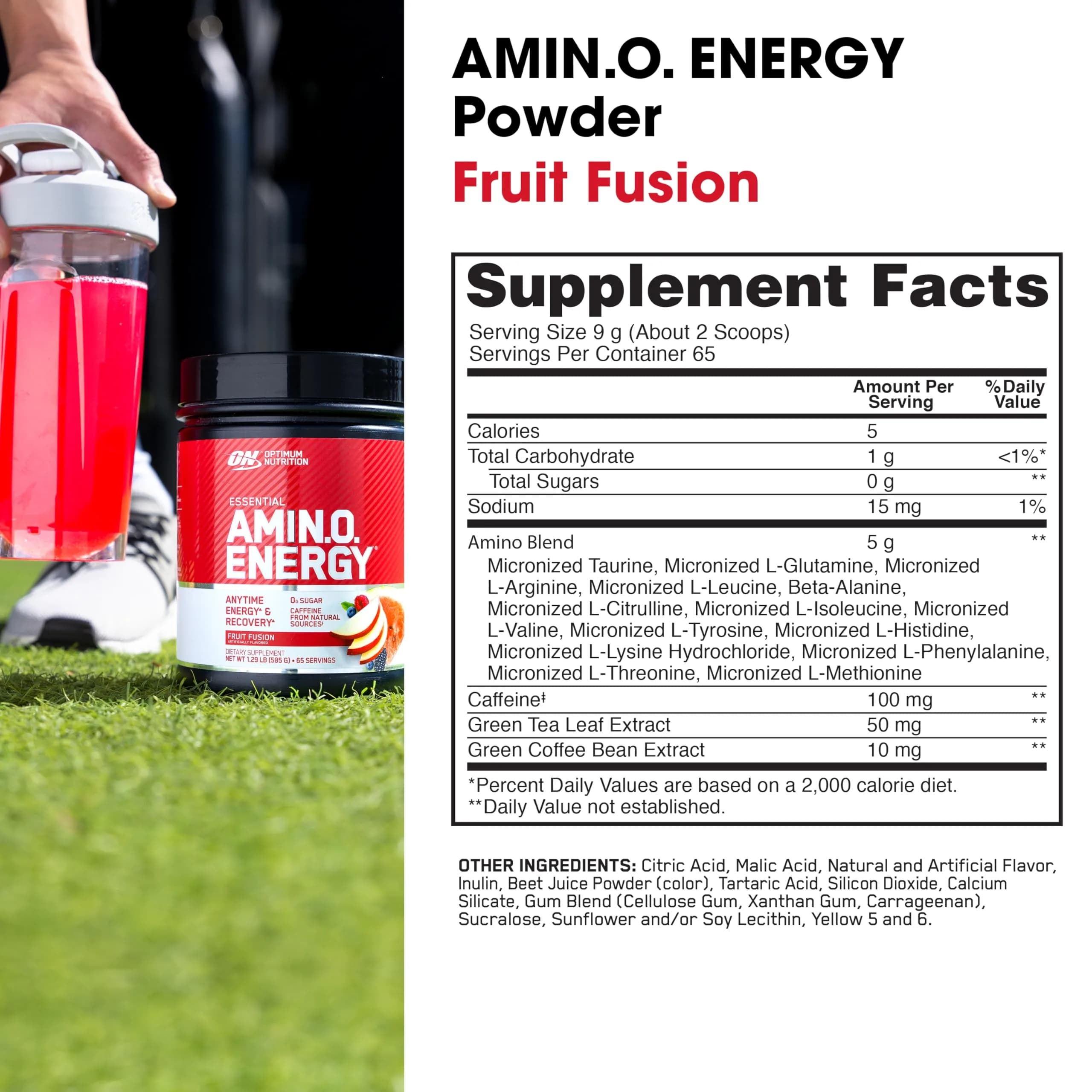 Optimum Nutrition Amino Energy Pre Workout Powder Fruit Fusion 65 Servings (1.29 lb / 585 g) | Keto Friendly BCAA Energy Drink - view 3
