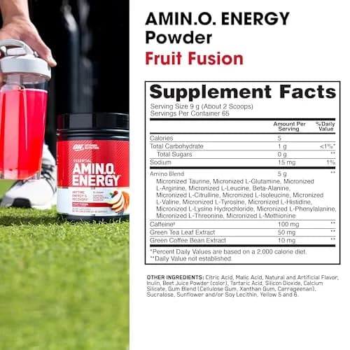 Optimum Nutrition Amino Energy Pre Workout Powder Fruit Fusion 65 Servings (1.29 lb / 585 g) | Keto Friendly BCAA Energy Drink thumbnail 3