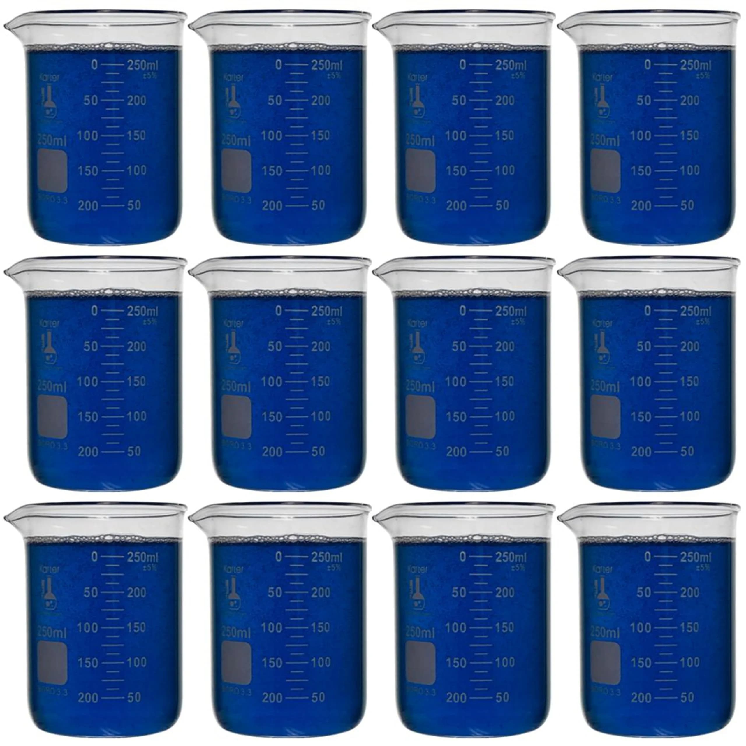 Karter Scientific 250ml Beaker, Borosilicate 3.3 Glass, Pack of 12 | Heavy-Duty, Double Scale, ASTM E960 Type I — 250ml
