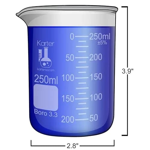 Karter Scientific 250ml Beaker, Borosilicate 3.3 Glass, Pack of 12 | Heavy-Duty, Double Scale, ASTM E960 Type I thumbnail 2