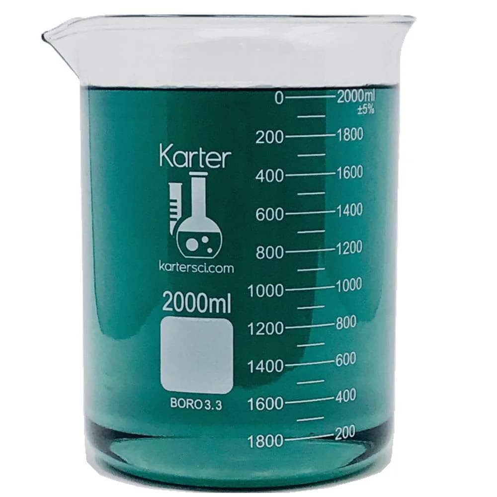 Karter Scientific 2000ml Borosilicate Glass Beaker, Low Form, Double Scale, Graduated, ASTM E960 Type I, Heavy-Duty, Beaded Rim, Spout — 2L