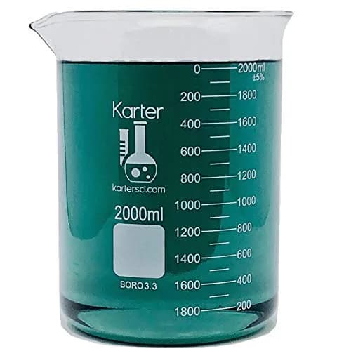 Karter Scientific 2000ml Borosilicate Glass Beaker, Low Form, Double Scale, Graduated, ASTM E960 Type I, Heavy-Duty, Beaded Rim, Spout thumbnail 1