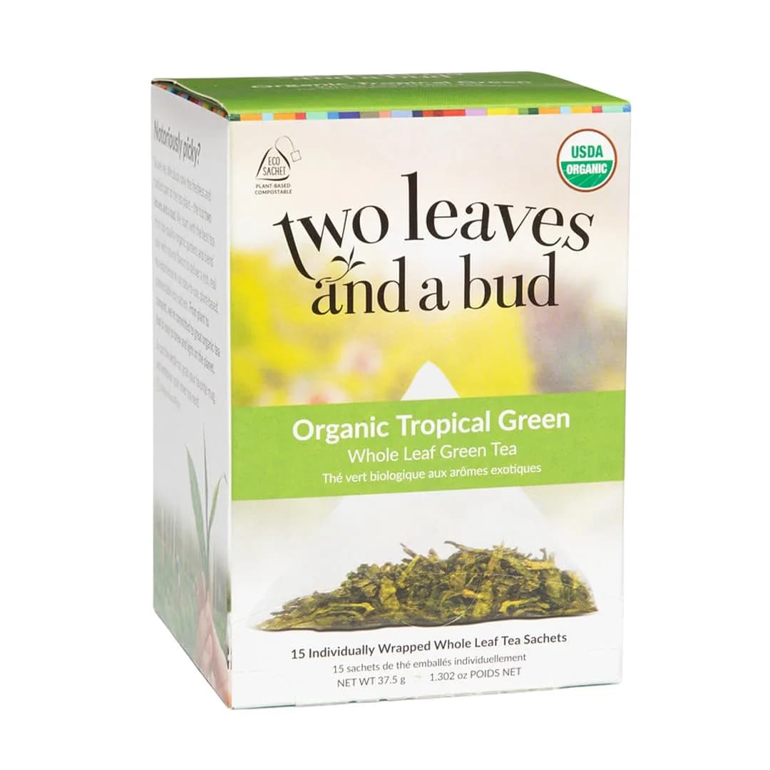 Two Leaves and a Bud Organic Tropical Green Tea, 15 Count | Refreshing, Full-Leaf Flavor