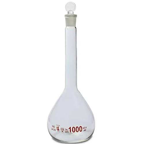 Karter Scientific 1000ml Volumetric Flask with Ground Stopper | Class A Borosilicate Glass, Flat Bottom, Accurate at +20°C thumbnail 1