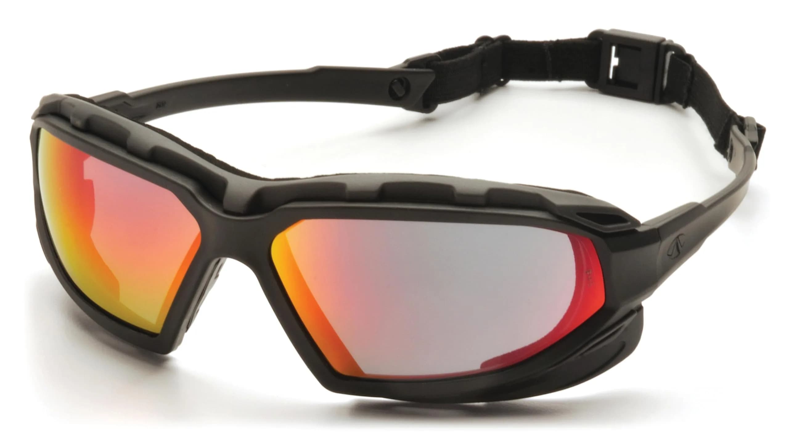Pyramex Safety Highlander XP Eyewear, Black-Gray Frame/Sky Red Mirror Anti-Fog Lens | Impact-Resistant, Fully Adjustable — Black/Gray