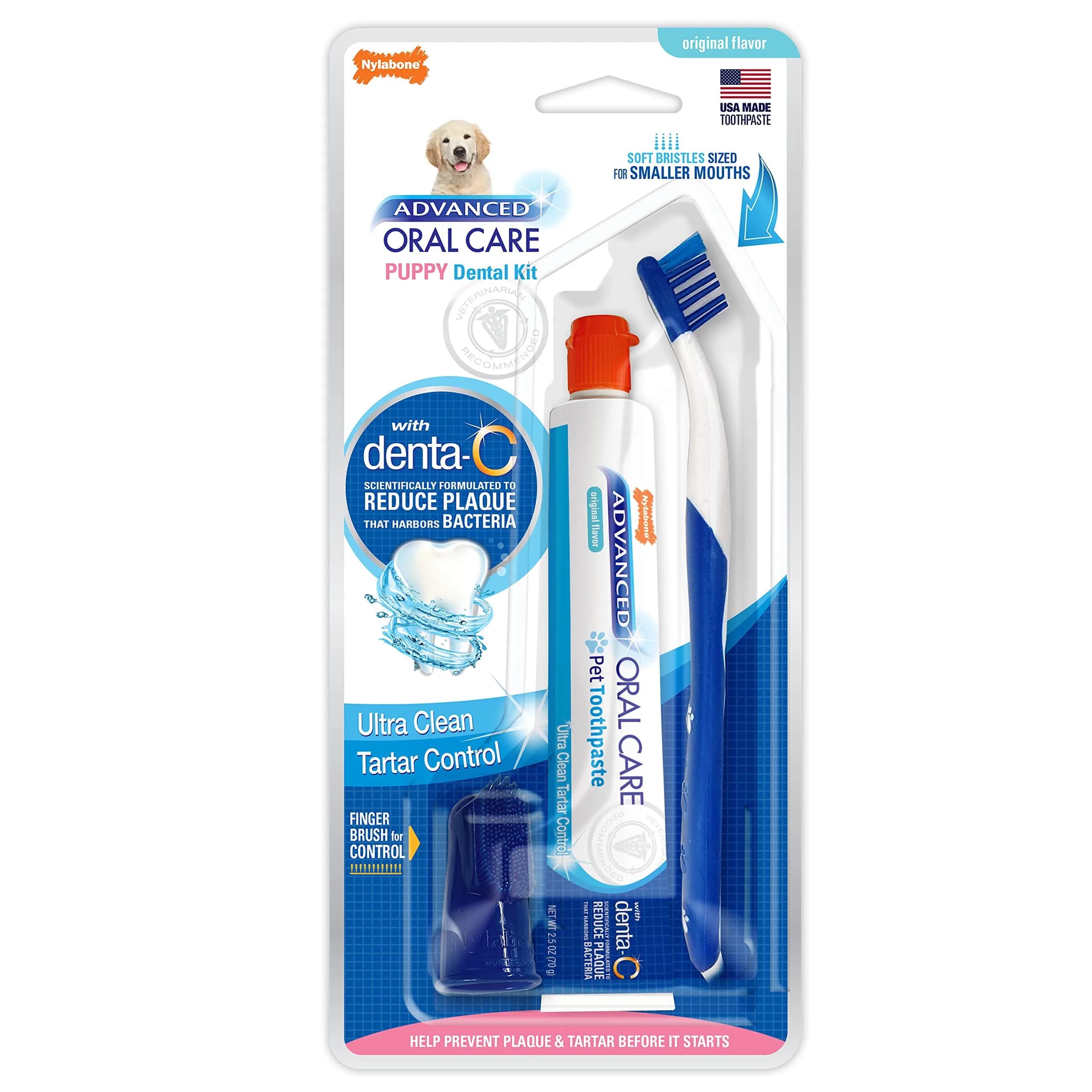 Nylabone Advanced Oral Care Natural Dog Dental Kit Peanut Flavor 2.5 oz (74ml) | Vet Recommended for Healthy Teeth & Gums — Original / Puppy / Puppy