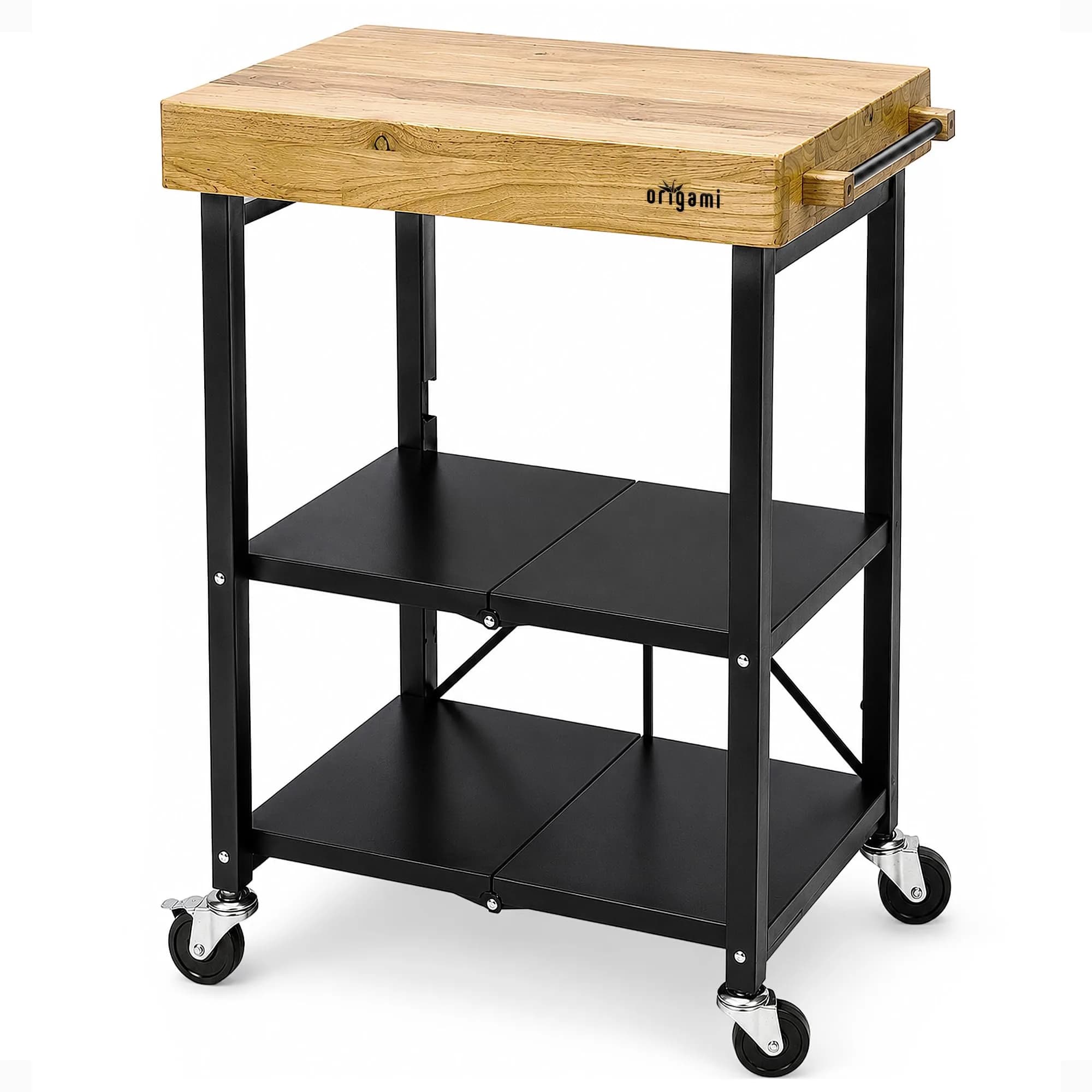 Origami RBT Series Steel-Frame Folding Kitchen Cart with Wheels, 3-Tier Shelves, Black – 200 lbs Capacity, Pre-Assembled, Portable for Indoor & Outdoor Use