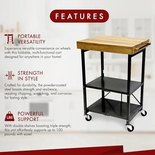 Origami RBT Series Steel-Frame Folding Kitchen Cart with Wheels, 3-Tier Shelves, Black – 200 lbs Capacity, Pre-Assembled, Portable for Indoor & Outdoor Use thumbnail 2
