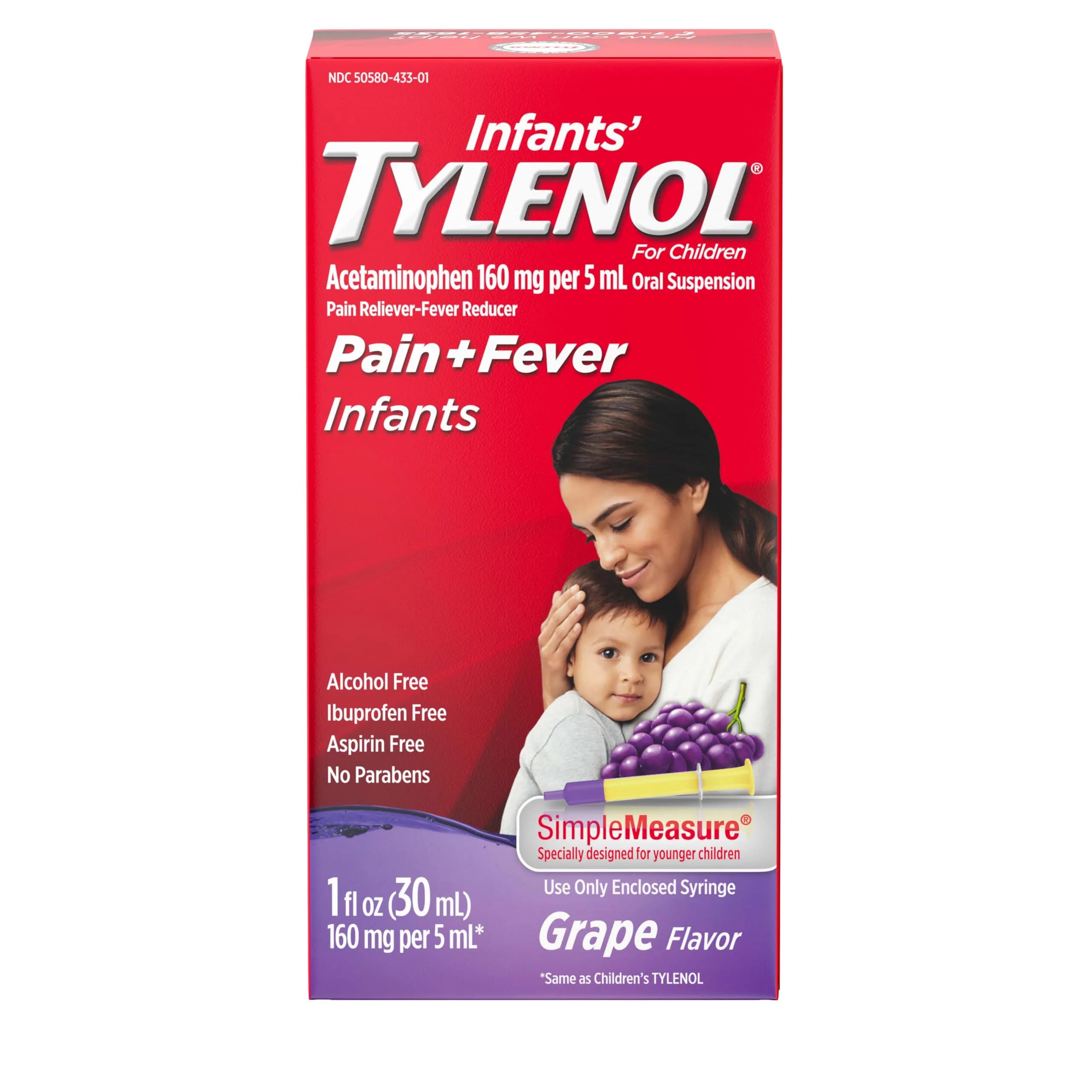 Infants’ Tylenol Dye-Free Acetaminophen Oral Suspension, Cherry Flavor, 60ml (2 Fl Oz) | Doctor Recommended Pain Relief & Fever Reducer — Grape With Dye / 1 Ounce