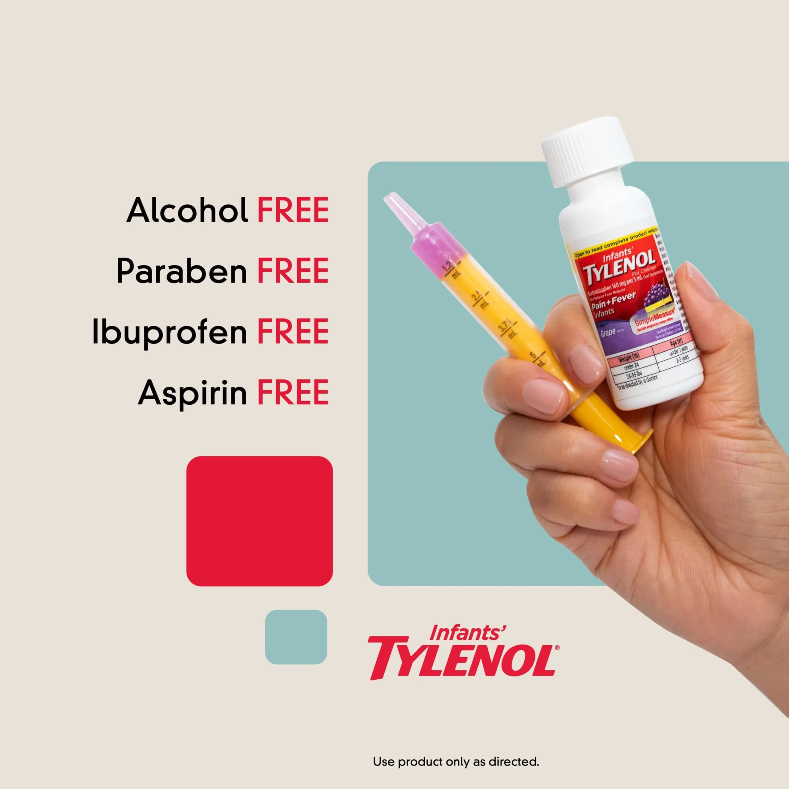 Infants' Tylenol Dye-Free Acetaminophen Oral Suspension, Grape Flavor, 30ml (1 Fl Oz) | Doctor Recommended Pain Relief & Fever Reducer - view 4