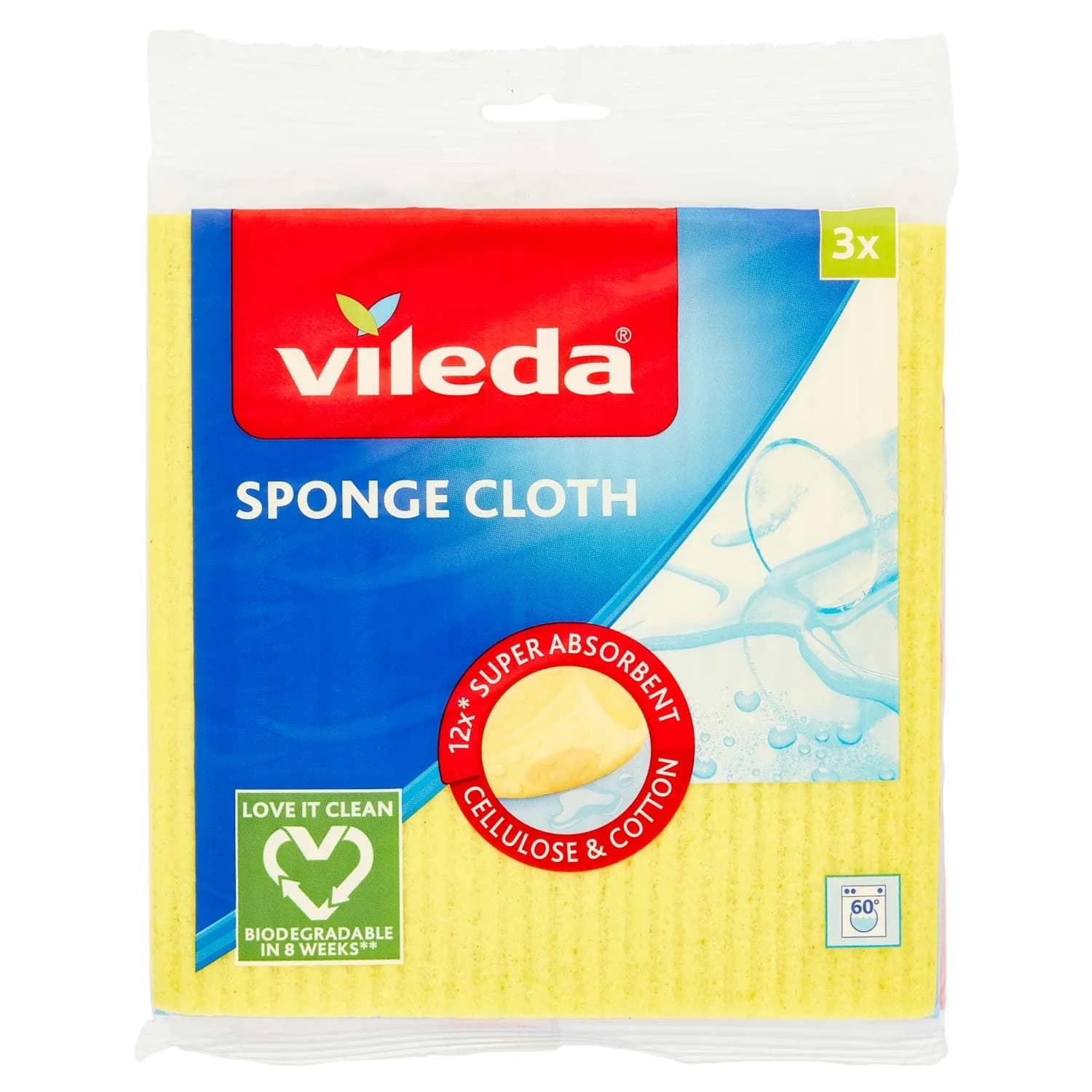 Vileda Super Absorbent Sponge Cloths 20cm x 18cm | 3 Wipes Per Pack | Natural Cellulose & Cotton - main product image