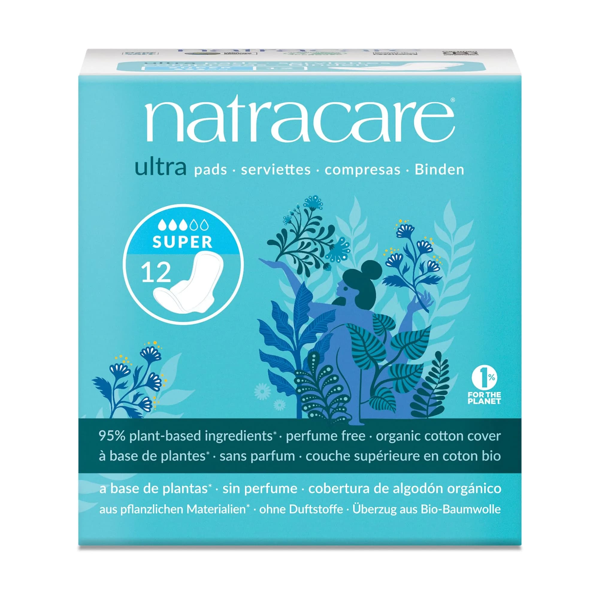 Natracare Slim Fitting Ultra Pads with Wings, Super, 12 Pads (10.5 cm x 24 cm) | Certified Organic Cotton, Plastic-Free