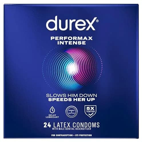 Durex Performax Intense Delay Condoms with Benzocaine, Ribbed & Dotted Latex, 24 Count | Climax Control for Men thumbnail 1