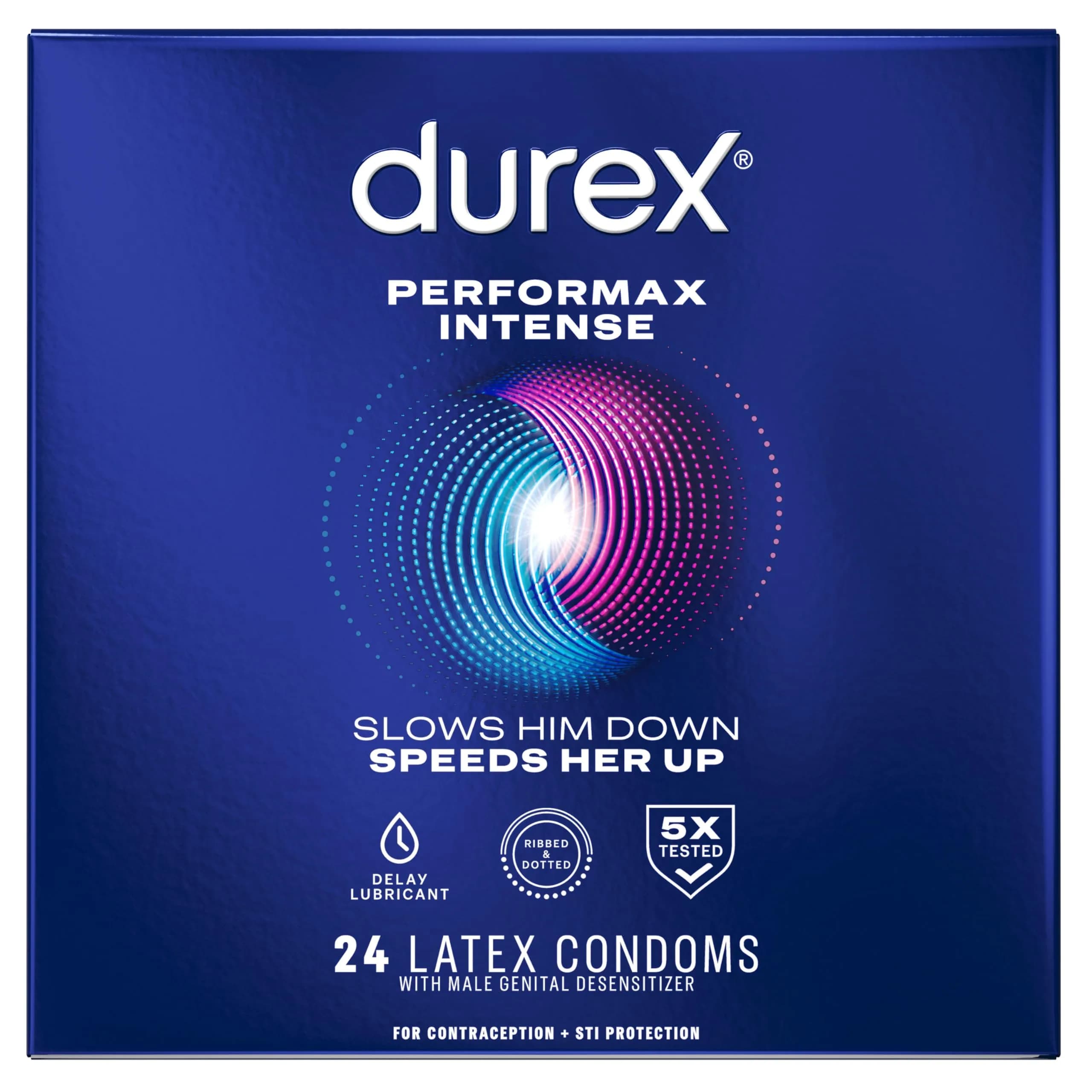 Durex Performax Intense Delay Condoms with Benzocaine, Ribbed & Dotted Latex, 24 Count | Climax Control for Men - main product image