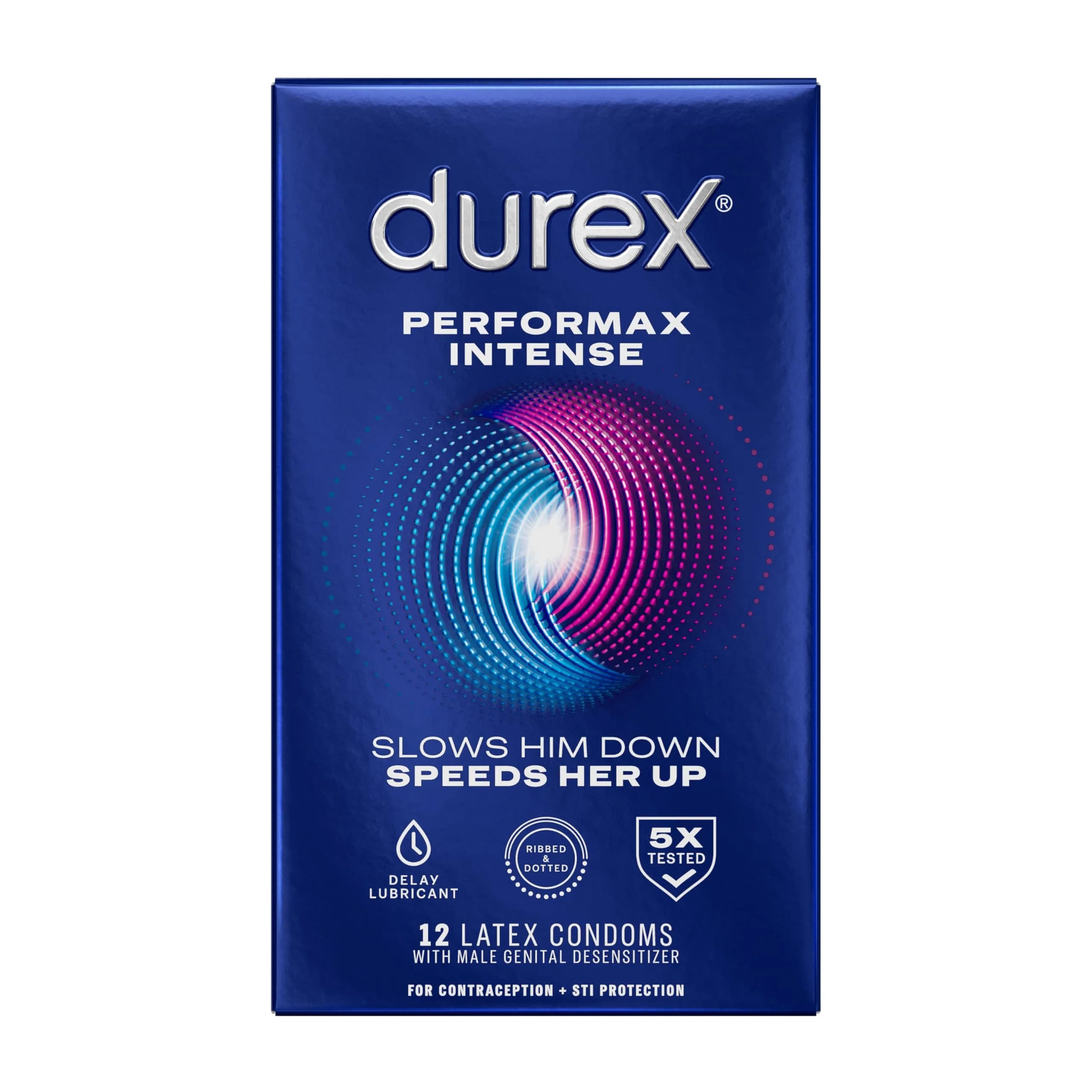 Durex Performax Intense Delay Condoms 12 Count (12 Each) | Ribbed, Dotted, Ultra Thin, Lubricated for Men — Blue