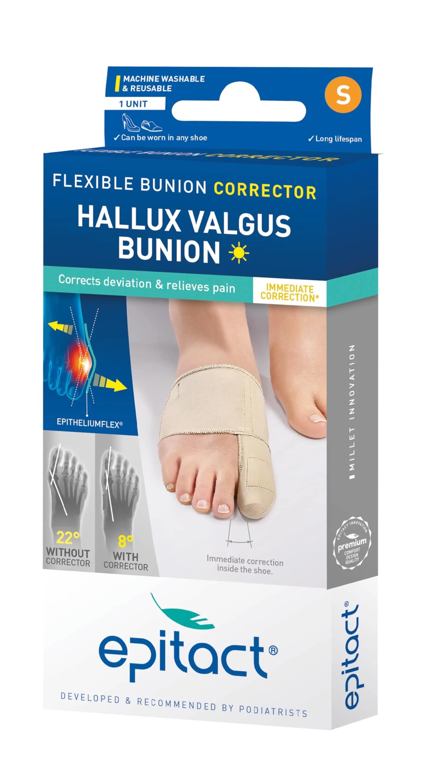 Epitact Hallux Valgus Day Corrector Orthopedic Brace Size S (20-21.5cm Foot Circumference) | Patented Silicone Tendon for Bunion Pain Relief - main product image