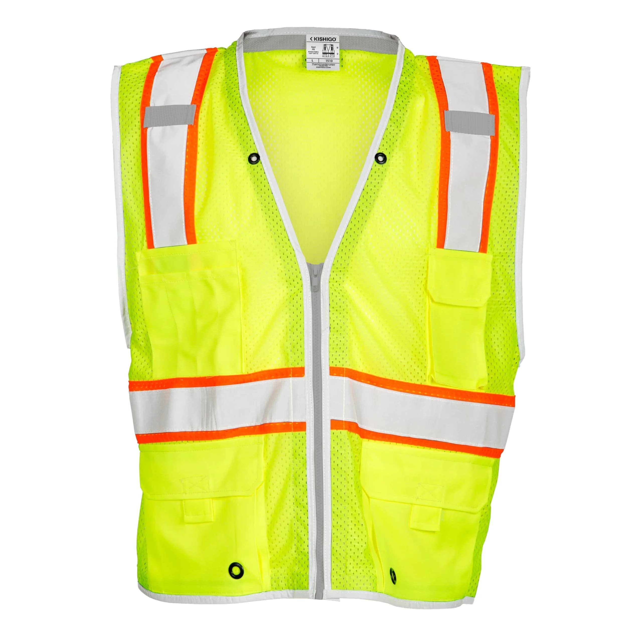 Kishigo Premium Brilliant Series Heavy Duty Unisex Reflective Safety Vest 1510 Lime | ANSI Type R / Class 2 Compliant - main product image