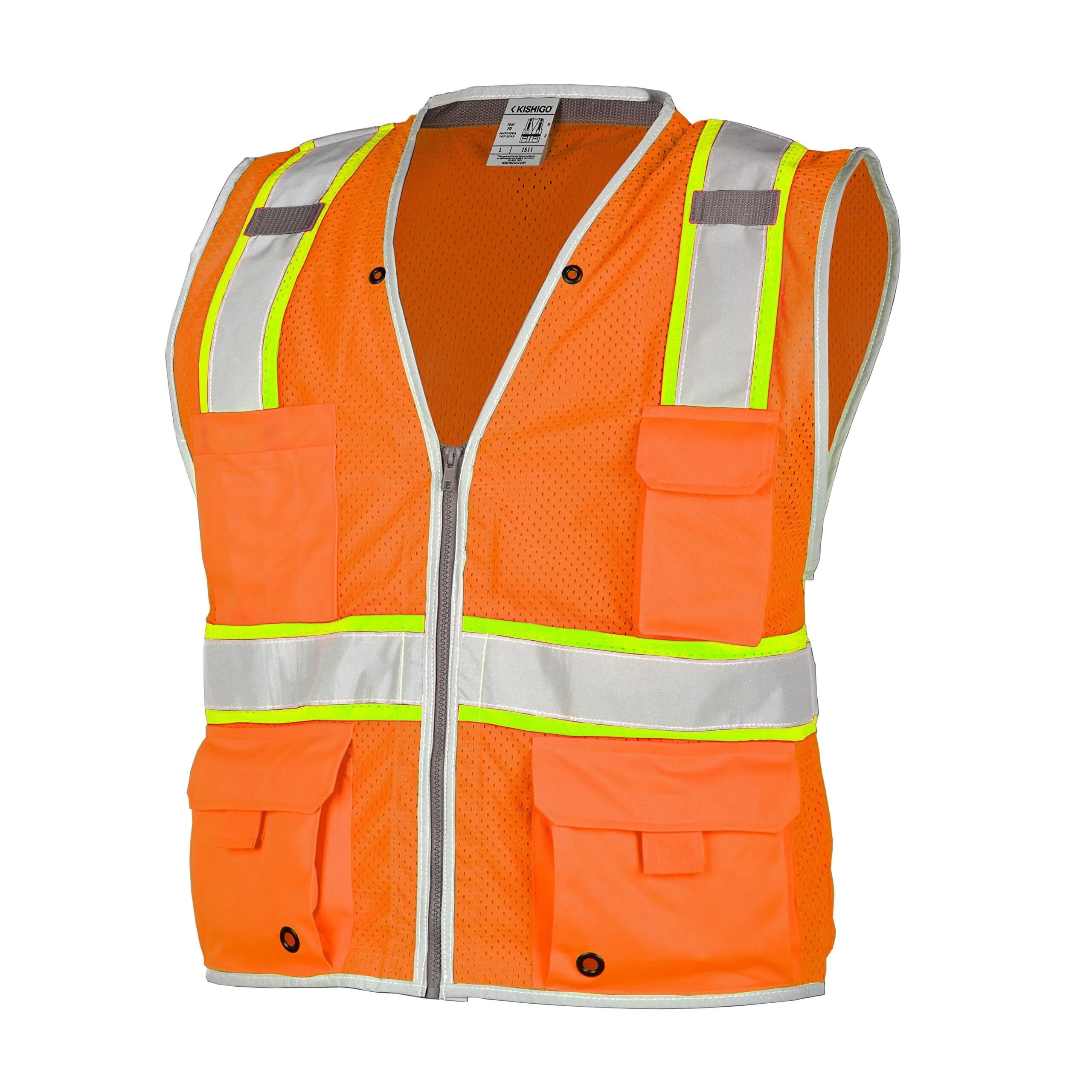 Kishigo Premium Brilliant Series Heavy Duty Unisex Safety Vest 1511 | ANSI Class 2, 6 Pockets, Orange, 3X — Orange