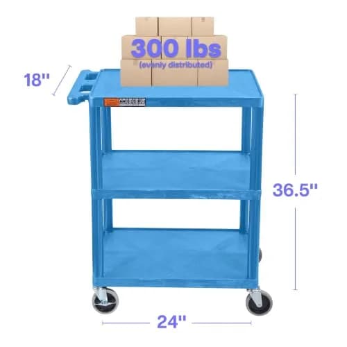 Luxor HE34-BU Utility Cart - 3 Shelves Structural Foam Plastic | Durable Office & Classroom Organizer thumbnail 2