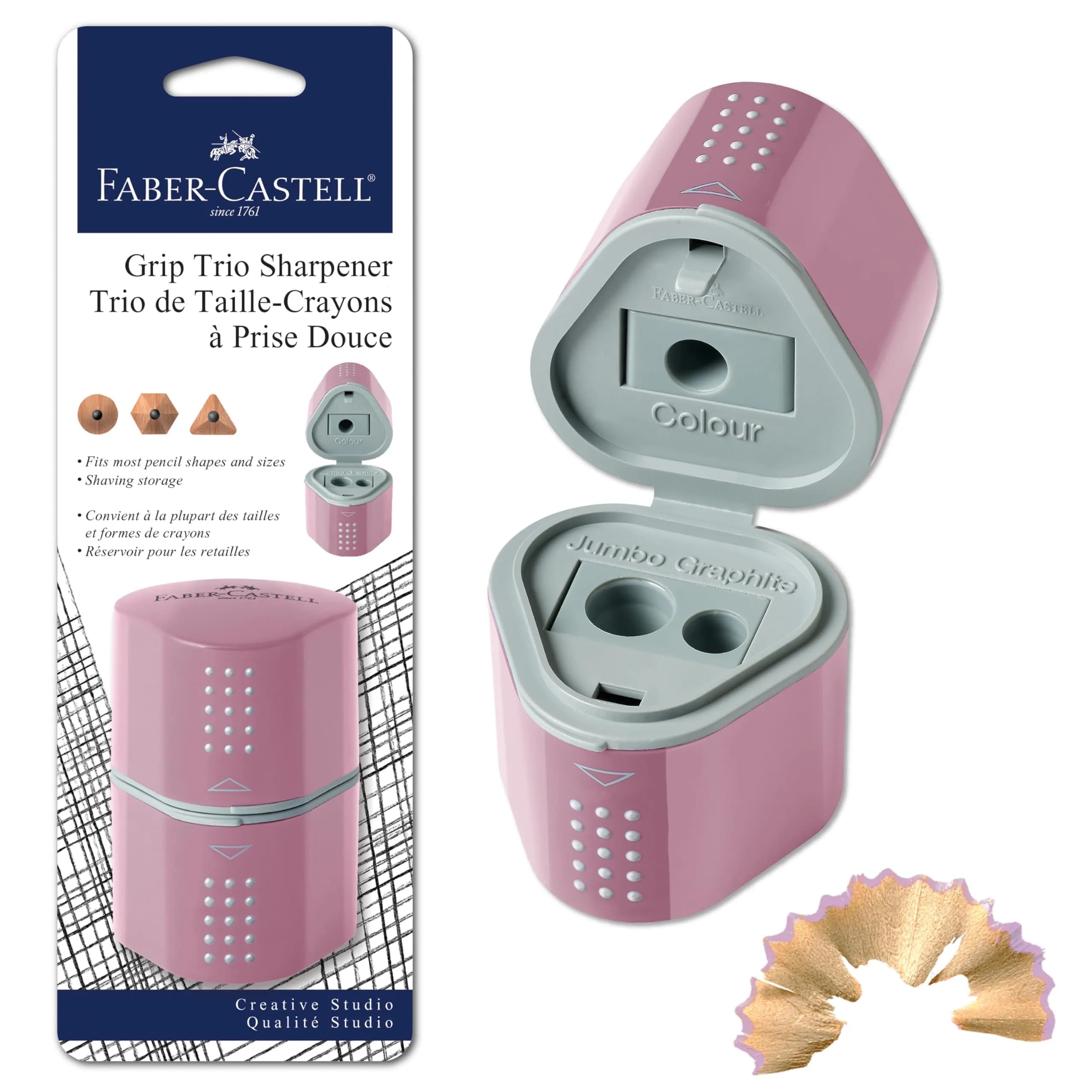 Faber-Castell Grip Trio Pencil Sharpener Rose Shadows | 3-in-1 Manual Sharpener for Graphite, Color, Jumbo Pencils - main product image