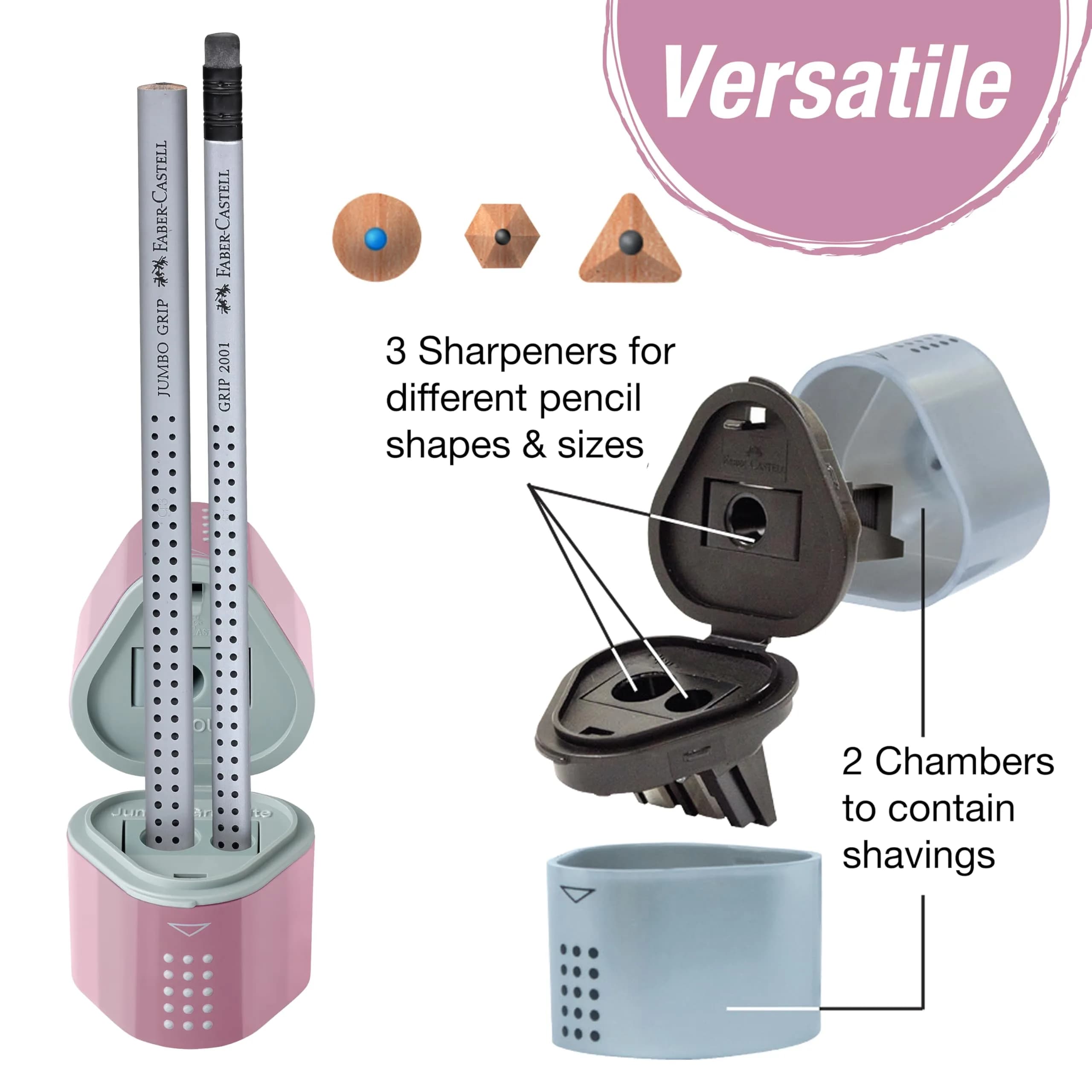 Faber-Castell Grip Trio Pencil Sharpener Rose Shadows | 3-in-1 Manual Sharpener for Graphite, Color, Jumbo Pencils - view 3