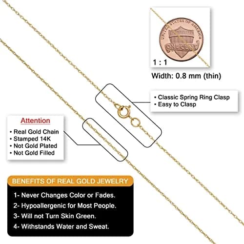 Kooljewelry Classic Rope Chain Necklace 18 inches (45.72 cm) | Genuine 14k Gold, 0.8mm Thin, Lightweight thumbnail 2