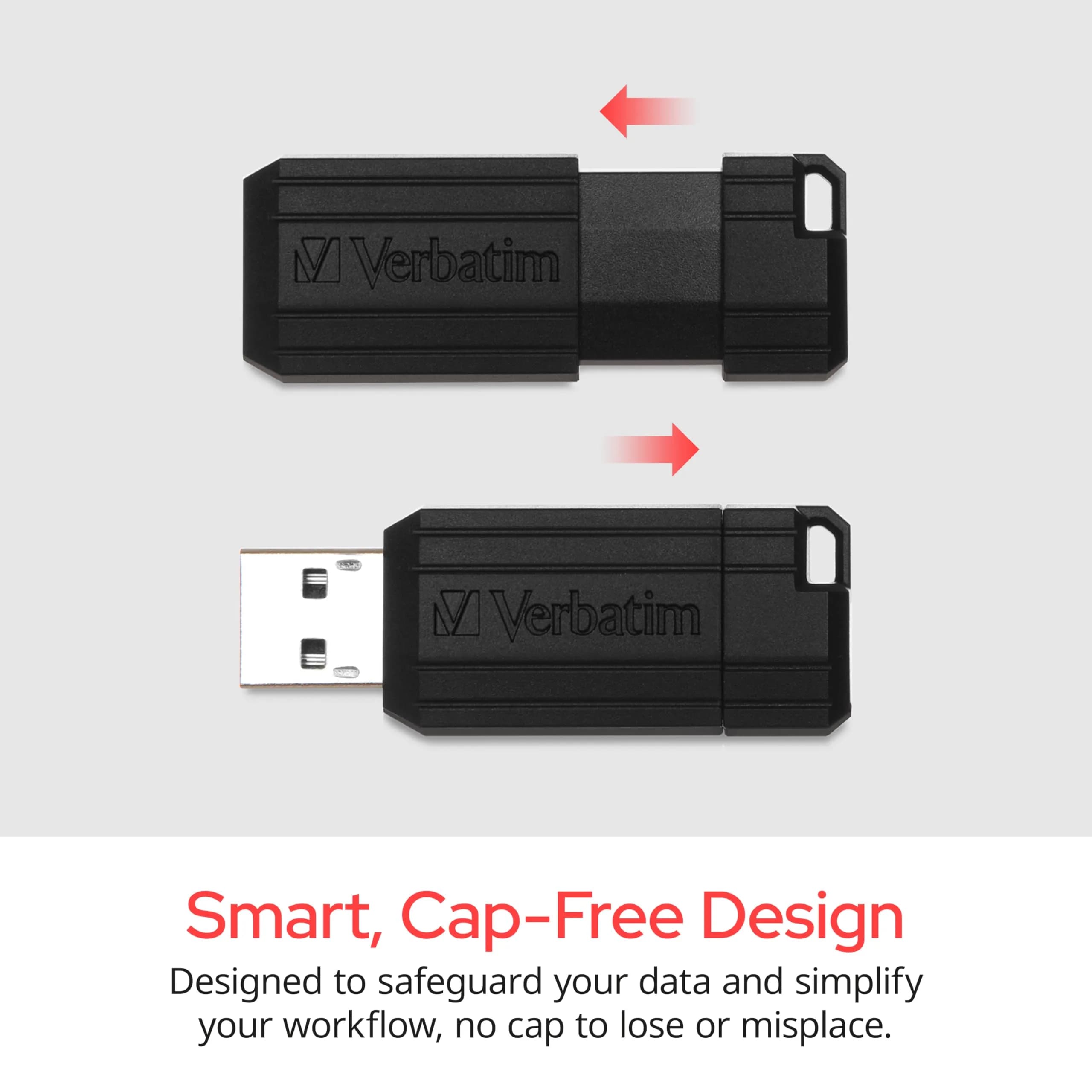 Verbatim 64GB Pinstripe USB 2.0 Flash Drive - Black, Retractable Connector, Plug & Play - view 2