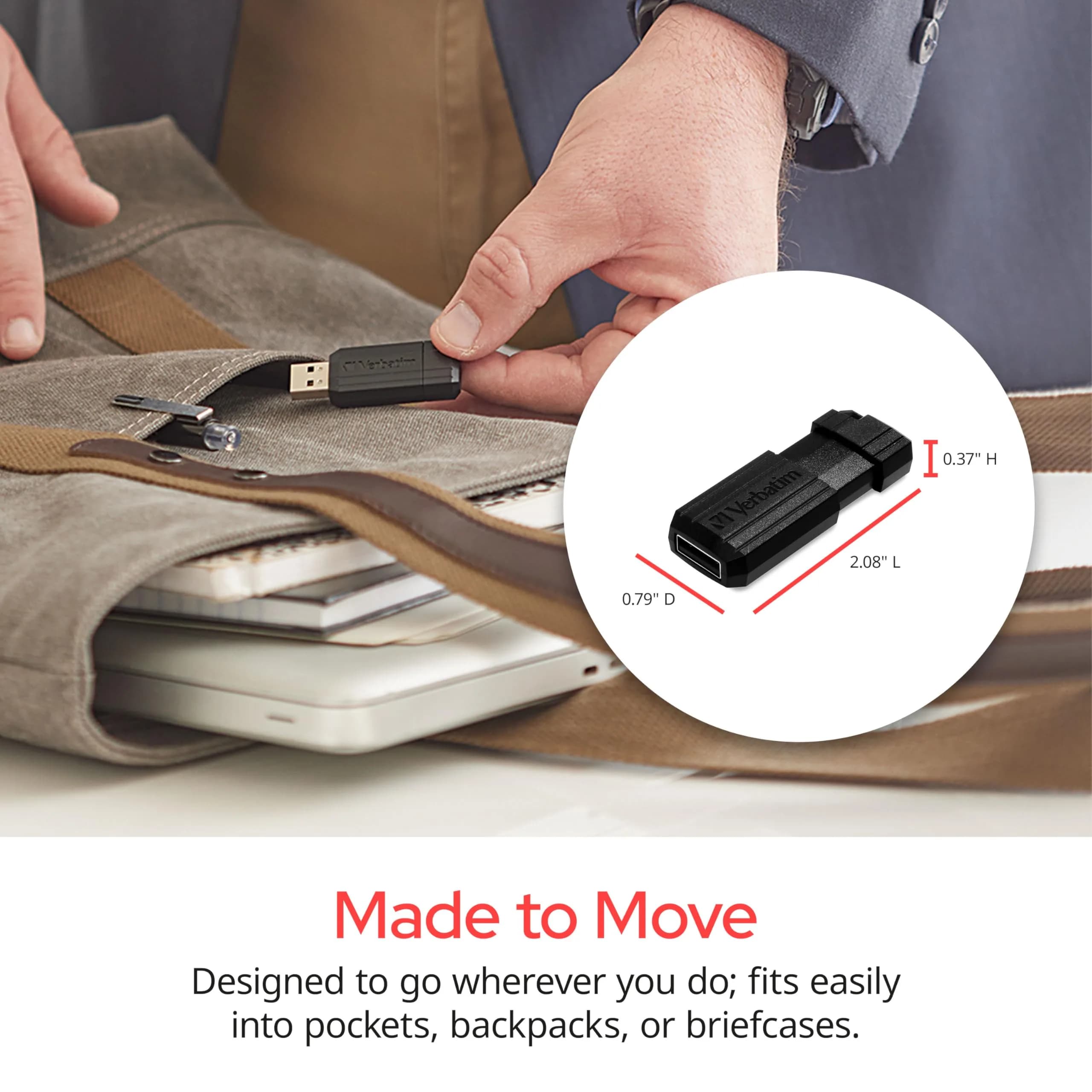 Verbatim 64GB Pinstripe USB 2.0 Flash Drive - Black, Retractable Connector, Plug & Play - view 4