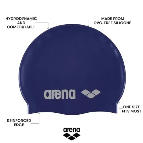 Arena Classic Unisex Soft Silicone Swim Cap for Women and Men, Intensive Training and Racing Comfortable Non-Slip Long Hair Swimming Hat, Denim/Silver thumbnail 2