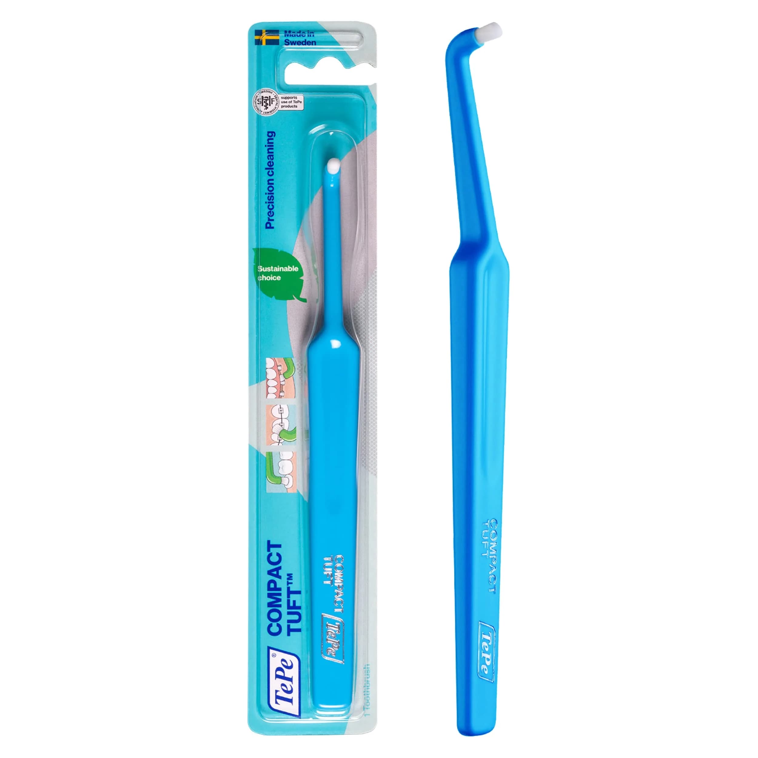 TePe Compact Tuft Toothbrush Single Tufted Brush End Orthodontic Toothbrush for Braces, Dental Implants, Denture Brush, Small Head, 2-Pack | Precision Cleaning for Hard-to-Reach Areas — Single Pack